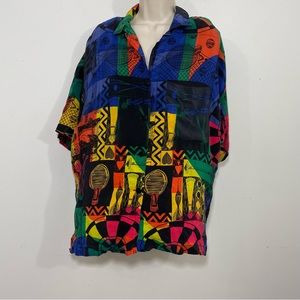 Vintage 80s Colorful bright print 100% silk camp shirt top L XL boxy neon sports